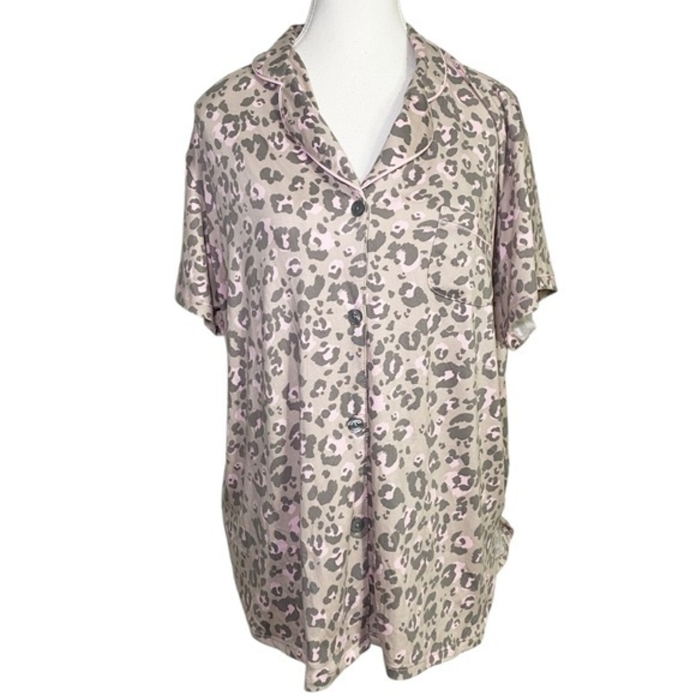 Cuddl Duds Pink and Tan Leopard Button Down Pajama Top